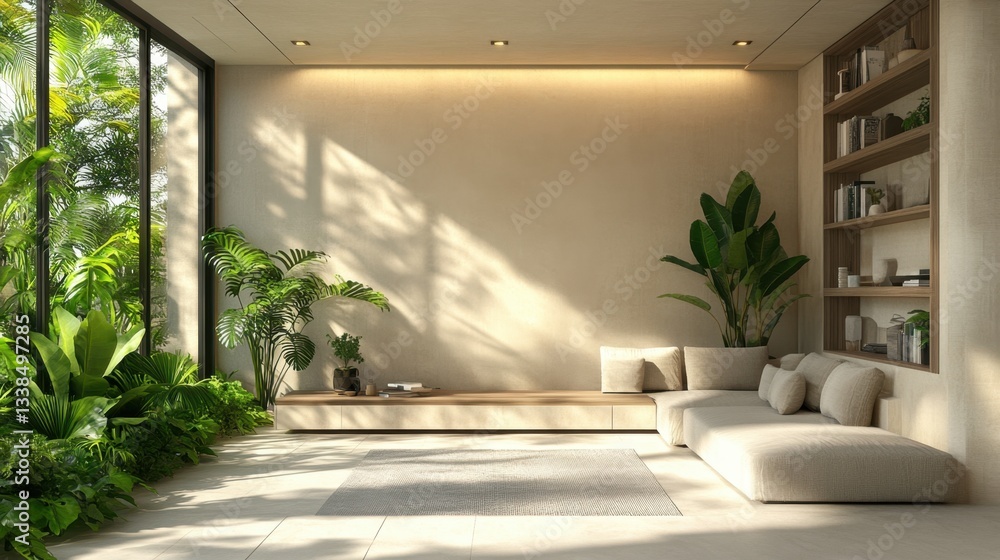 Serene interior with lush greenery and natural light creating a peaceful and inviting atmosphere in a modern living space
