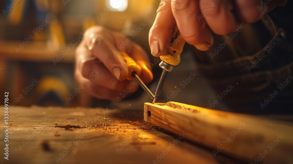 Obraz premium Skilled Carpenter at Work. Precision in woodworking concept