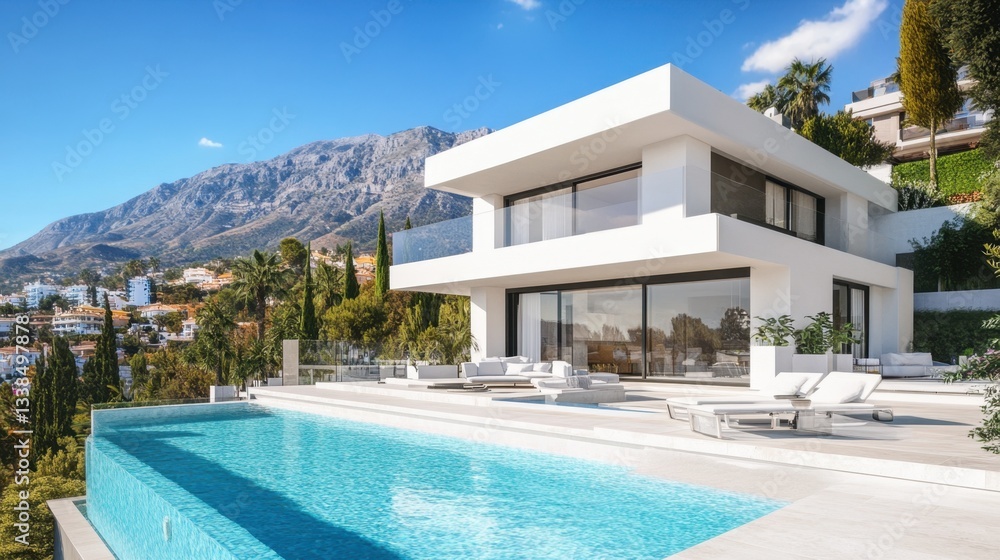 Fototapeta premium A white contemporary house with an infinity-edge swimming pool and a spectacular view of the mountains.