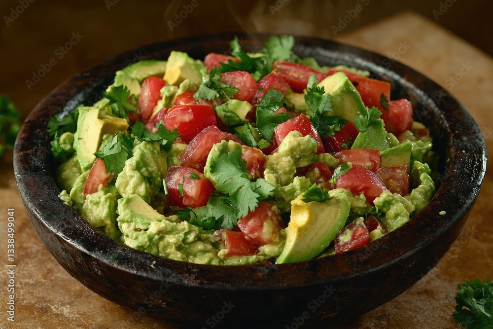 Fresh guacamole with vibrant tomatoes and herbs in rustic bowl, Fresh guacamole with vibrant tomatoes and herbs in rustic bowl,