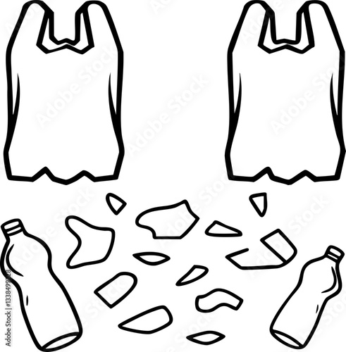 Two plastic bags and scattered waste materials, highlighting the issue of littering and plastic pollution.
