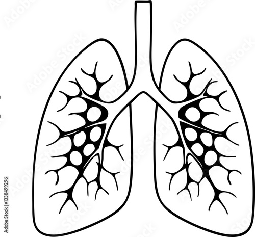 A simple black and white illustration of human lungs, showcasing the intricate bronchi and alveoli structure.