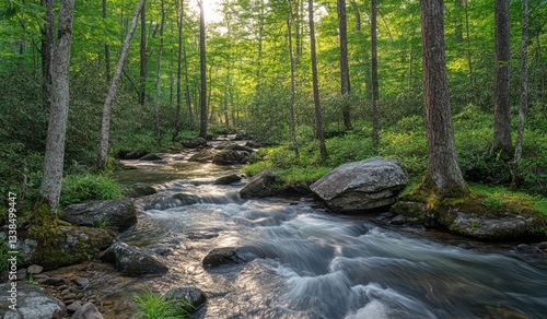 Magical Forest Stream with Light Reflections and Green Foliage