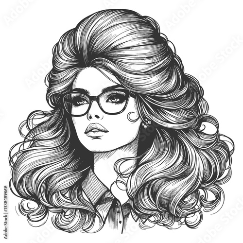 woman with large glasses and voluminous wavy hair, gazing thoughtfully sketch engraving generative ai fictional character vector illustration. Scratch board imitation. Black and white image.