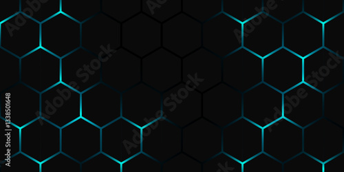 Futuristic Hexagonal Grid Background with Blue Glow. Dark Tech Hexagon Pattern with Neon Light. Hexagon. Vector. 