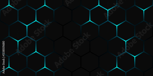 Futuristic Hexagonal Grid Background with Blue Glow. Dark Tech Hexagon Pattern with Neon Light. Hexagon. Vector. 