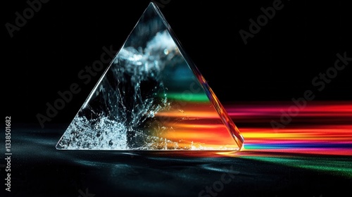 A stunning crystal prism refracting light into a vibrant spectrum, showcasing the beauty of optics and the interaction of light with transparent surfaces in a serene setting.