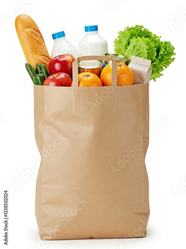 A full grocery paper bag containing various healthy food items