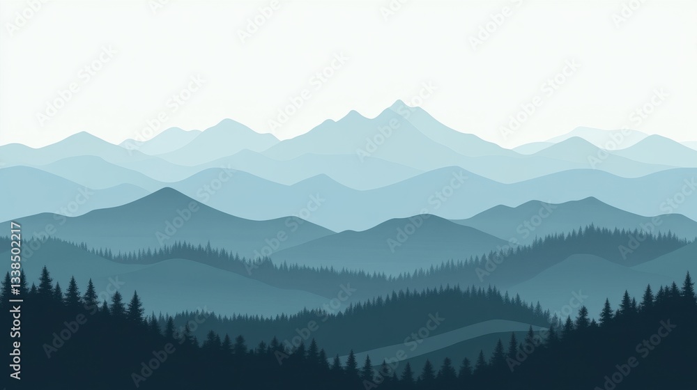 Obraz premium Serene Blue Mountain Range Panorama: Misty Peaks and Verdant Forests