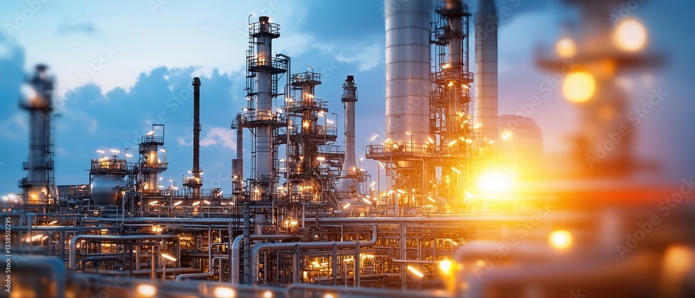 A vibrant industrial scene showcasing intricate pipelines and structures, highlighted by a warm sunset glow. A vibrant industrial scene showcasing intricate pipelines and structures, highlighted by a warm sunset glow.