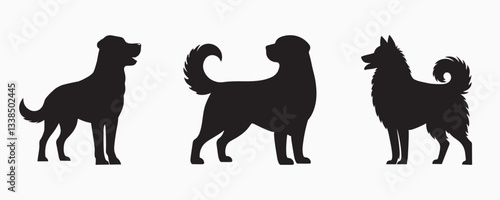 Set of three black dog silhouettes in various poses on a light gray background, depicting different stances and movements