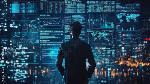 A business professional studies data displayed on multiple computer screens