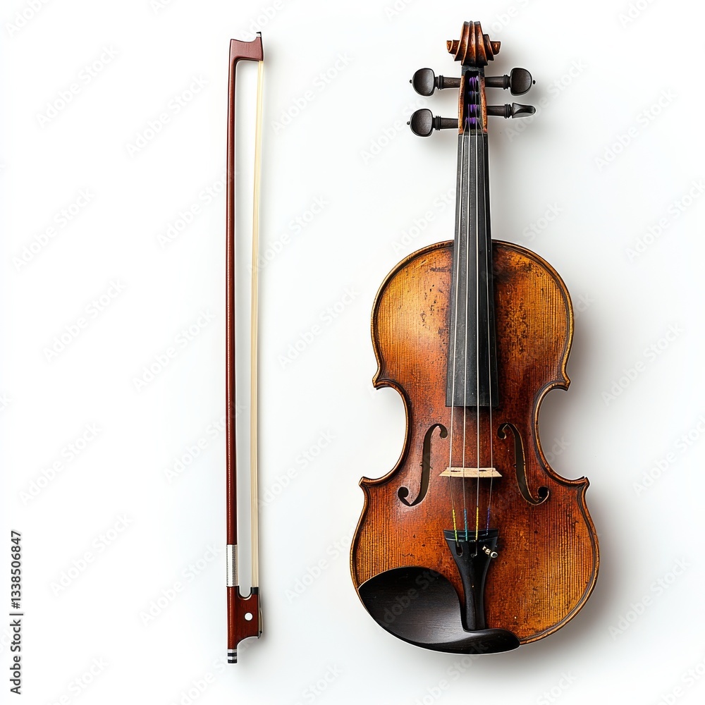Fototapeta premium Classic Violin: A Still Life of Musical Artistry with Bow on a Clean White Background