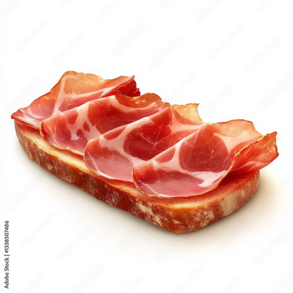 Delicious Ham Slices on a Slice of Bread, A Mouthwatering Appetizer Ready to be Enjoyed on a White Background