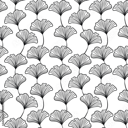Seamless floral pattern with ginkgo biloba leaves. Art flowers on color background. Decorative sceleton leaf. Vector hand drawn illustration. Minimal linear style.