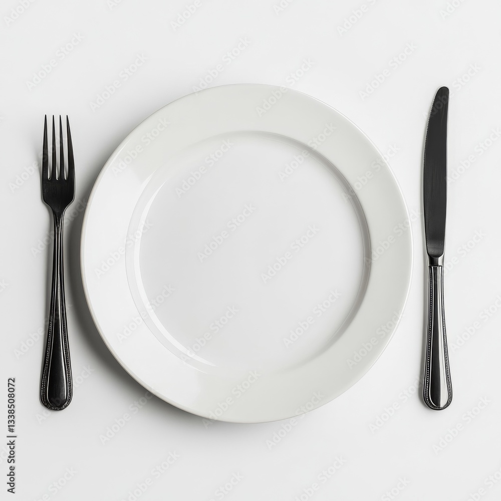 Elegant Dining Arrangement: A Minimalist Still Life of a White Plate, Fork, and Knife on a Clean White Background Elegant Dining Arrangement: A Minimalist Still Life of a White Plate, Fork, and Knife on a Clean White Background