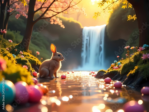  Enchanted Spring: Bunny by the Waterfall Amidst Easter Joy