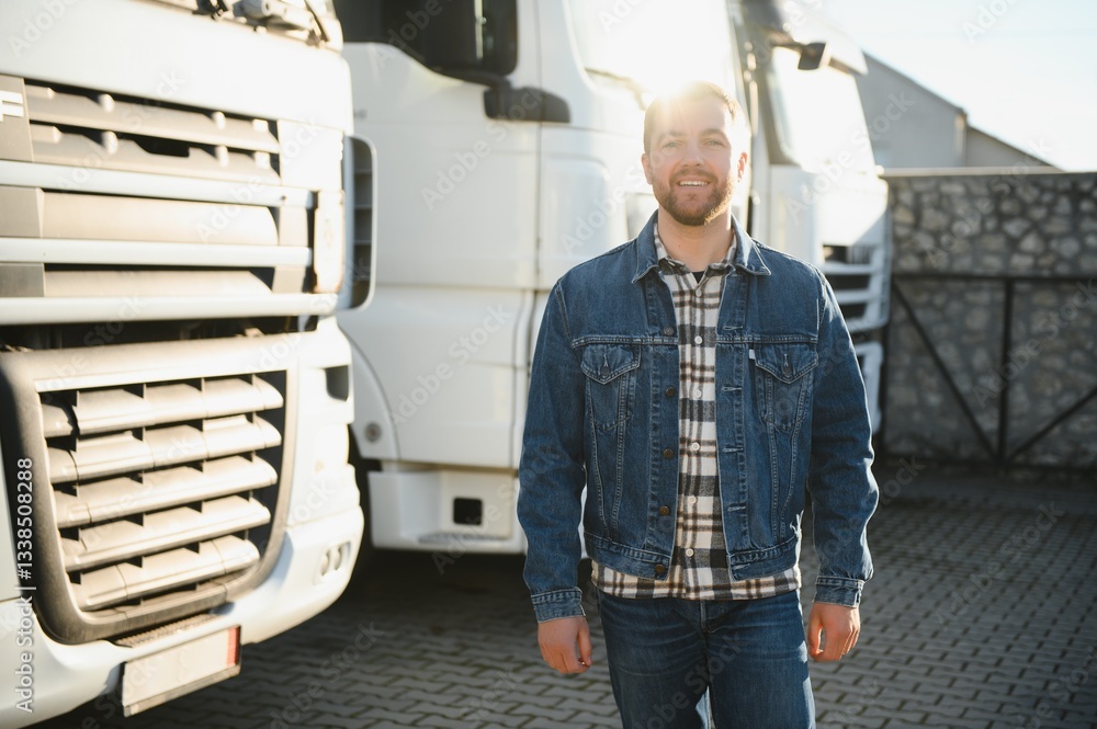 Happy confident male driver standing in front on his truck Happy confident male driver standing in front on his truck