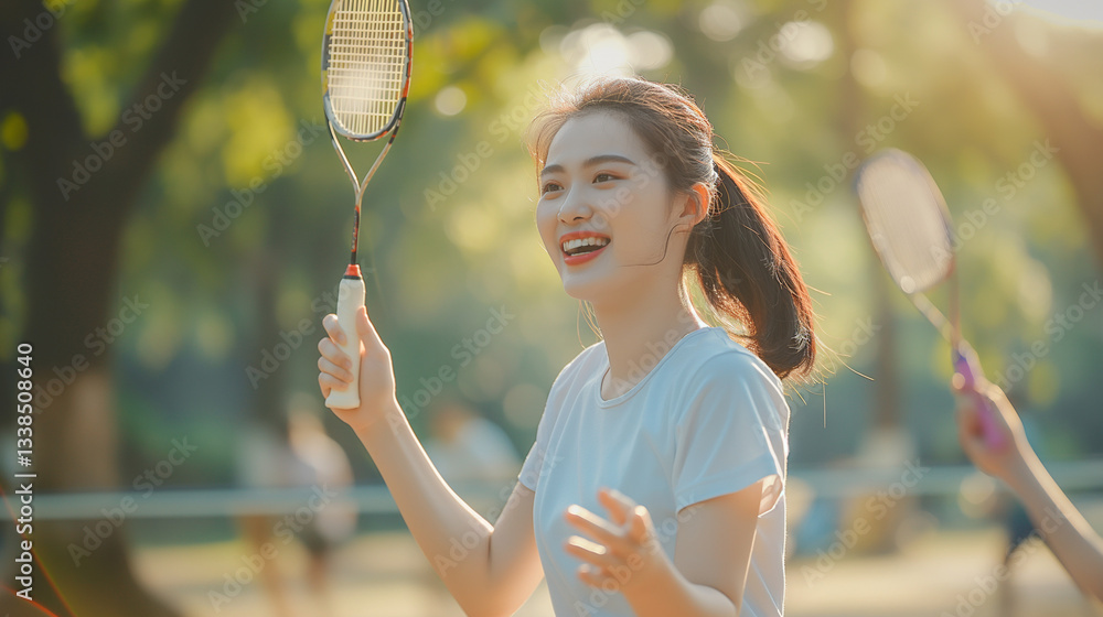 Young woman playing badminton.