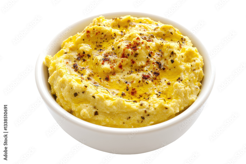 Creamy hummus topped with spices in a white bowl Creamy hummus topped with spices in a white bowl