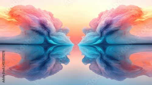 Pastel Pink And Blue Abstract Clouds Reflecting On Calm Water and Sky.Soft Colors and Fluid Shapes.Abstract Art.Digital Painting.Water