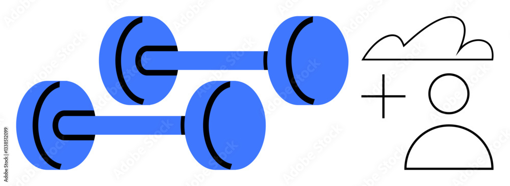 Obraz premium Two blue dumbbells paired with a cloud, plus sign, and user icon highlight fitness, mental health, and personal growth. Ideal for wellness, gym, mindfulness, healthcare self-improvement motivation