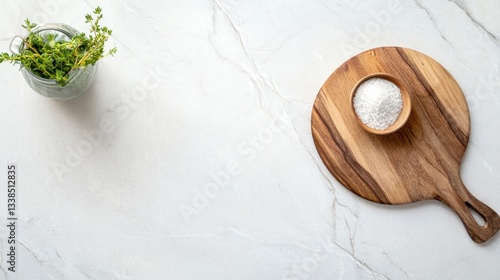  A clean, bright kitchen interior features a wooden counter and white walls, creating a minimal background for product display.
