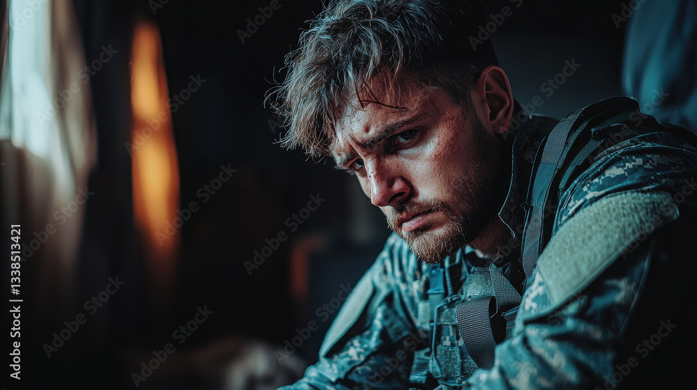 Obraz premium Soldier reflects on combat trauma in a dimly lit room while experiencing vivid flashbacks of past battles