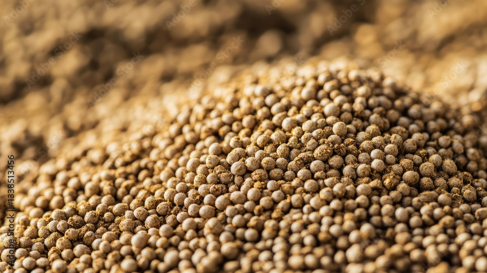 A detailed view of slow-release fertilizer granules in nutrient-rich soil A detailed view of slow-release fertilizer granules in nutrient-rich soil