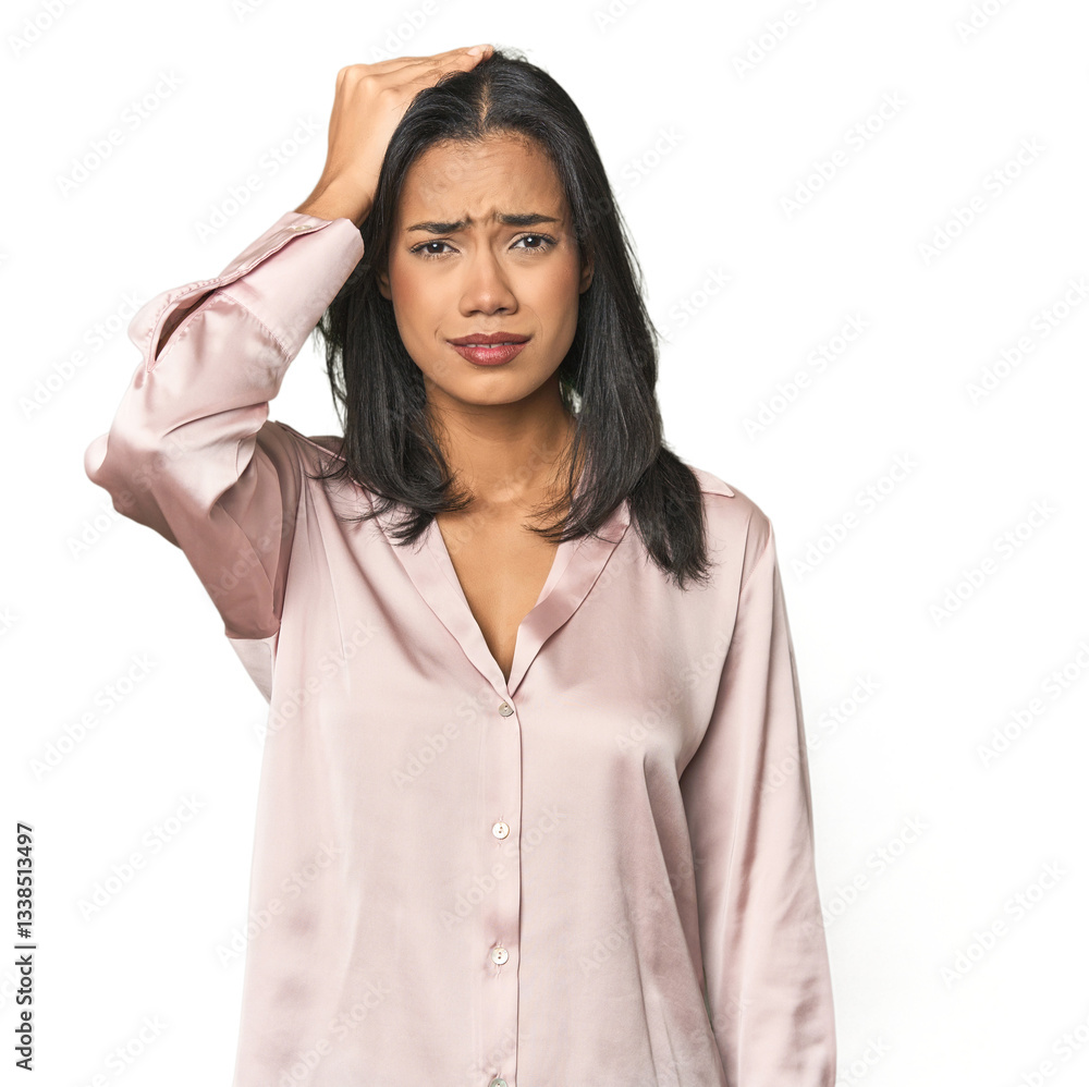 Simple portrait of a young Latina tired and very sleepy keeping hand on head. Simple portrait of a young Latina tired and very sleepy keeping hand on head.