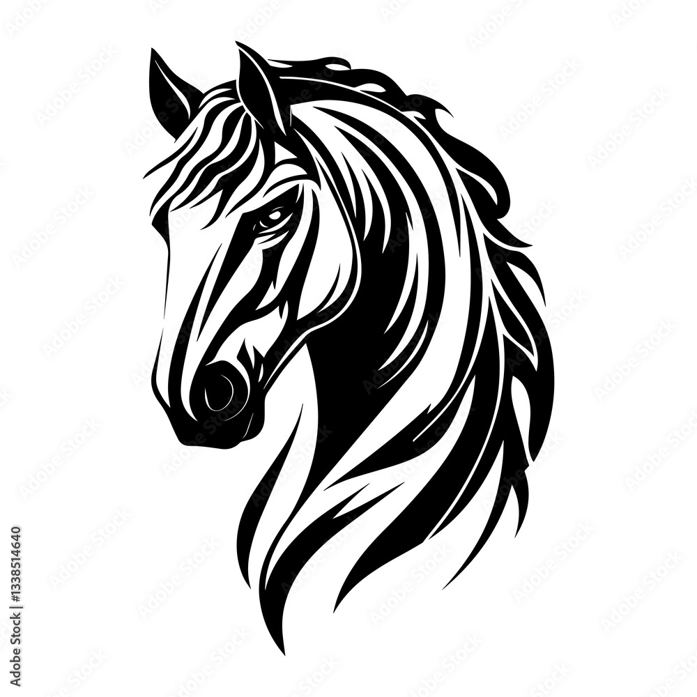 Obraz premium A stylish black and white vector illustration of a horse head, featuring bold lines and dynamic details. Ideal for logos, tattoos, equestrian themes, branding, and artistic designs.