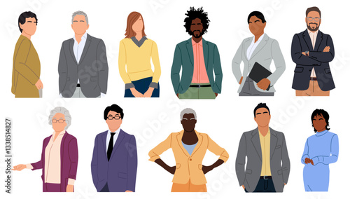 Diverse group of people in business and smart casual attire. Concept of professionalism and formality. Flat colorful vector illustration isolated on transparent background