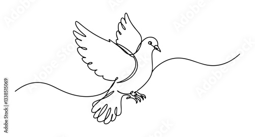 flying dove with spread wings in peaceful minimalist black monoline illustration