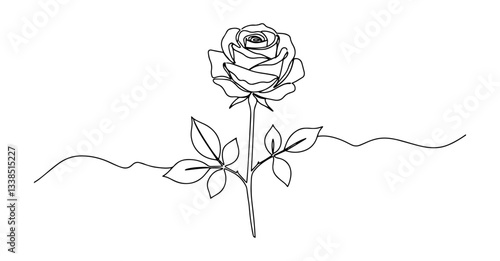 blooming rose flower with leaves unbroken line drawing technique