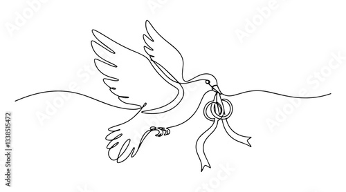 dove flying with wedding ring ribbon thin line abstract expression