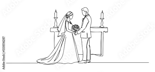 ride and groom exchanging vows at altar sophisticated one-line sketch creating a delicate contour on a stark white canvas
