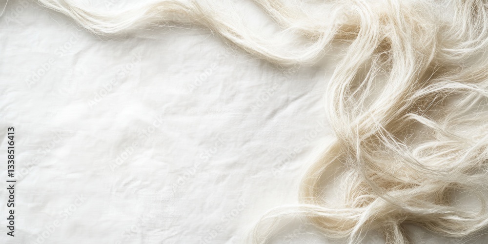 Obraz premium Textured Elegance: A close-up shot reveals a cascade of flowing blonde locks gracefully laid upon a soft, textured fabric, evoking a sense of purity and delicate beauty.