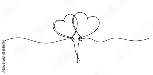 two heart-shaped balloons tied together sophisticated black outline illustration with minimalistic and abstract visual elements