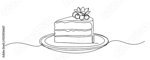 slice of cake with flower decoration sleek single-stroke vector design