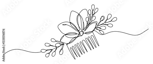floral hair comb line drawing with leaves and flowers