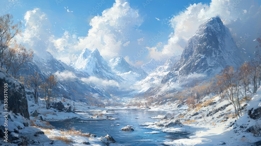 Obraz premium A Beautiful Landscape Depicting Snowy Mountains And Icy River