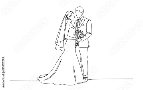 bride and groom in love with wedding dress illustrated in romantic black monoline style