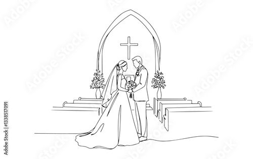 bride and groom standing at altar in church during wedding ceremony line art