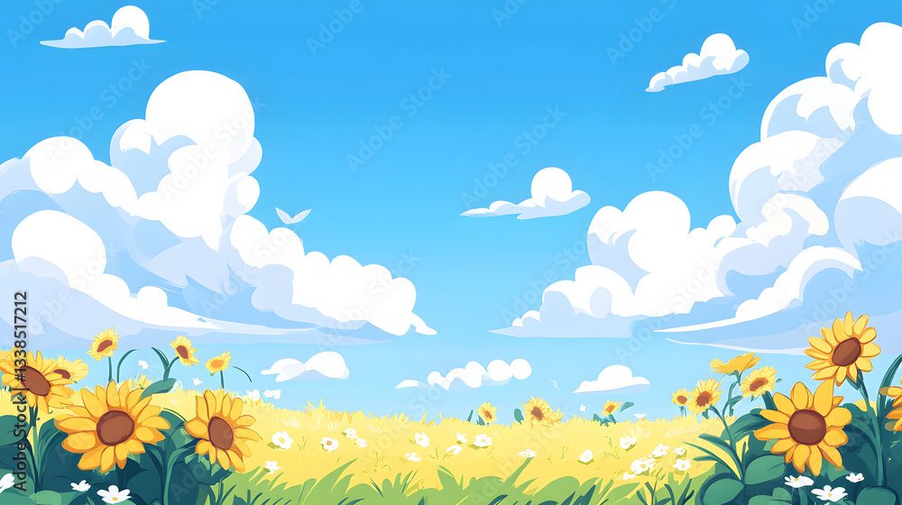 Summer sunflower sea illustration, Beginning of Summer outdoor scenery concept illustration Summer sunflower sea illustration, Beginning of Summer outdoor scenery concept illustration