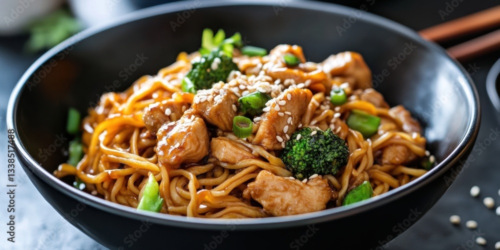 Delicious chicken noodle stir fry with broccoli and sesame seeds Delicious chicken noodle stir fry with broccoli and sesame seeds