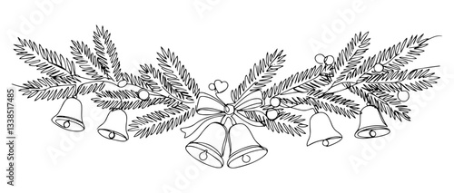 christmas garland with fir branches, bells and ribbon in elegant line illustration