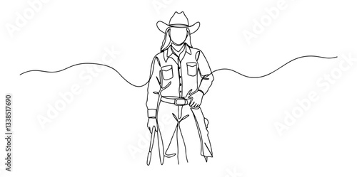 cowgirl in western outfit with hat and boots drawn in line art style