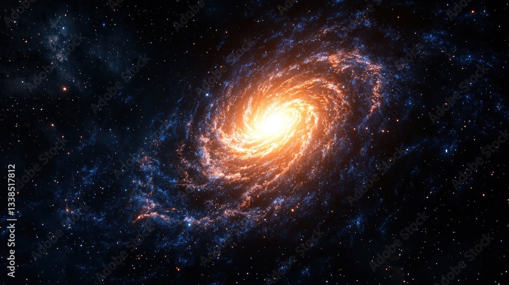 Obraz premium A vibrant galaxy spirals in the cosmos, featuring bright hues of orange and blue amidst a backdrop of stars.