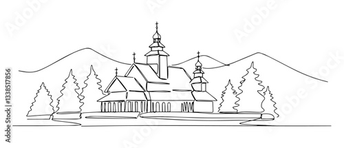 wooden mountain church surrounded by pine trees in simple line drawing