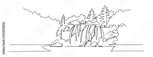scenic waterfall in forest landscape with rocks and trees in line drawing